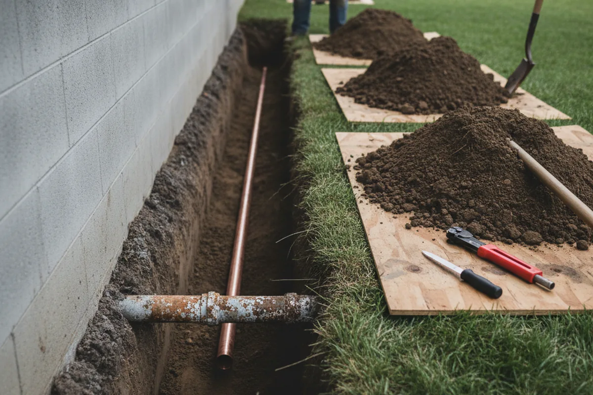 Excavated water line trench during Water Heater Repair in Ashfield